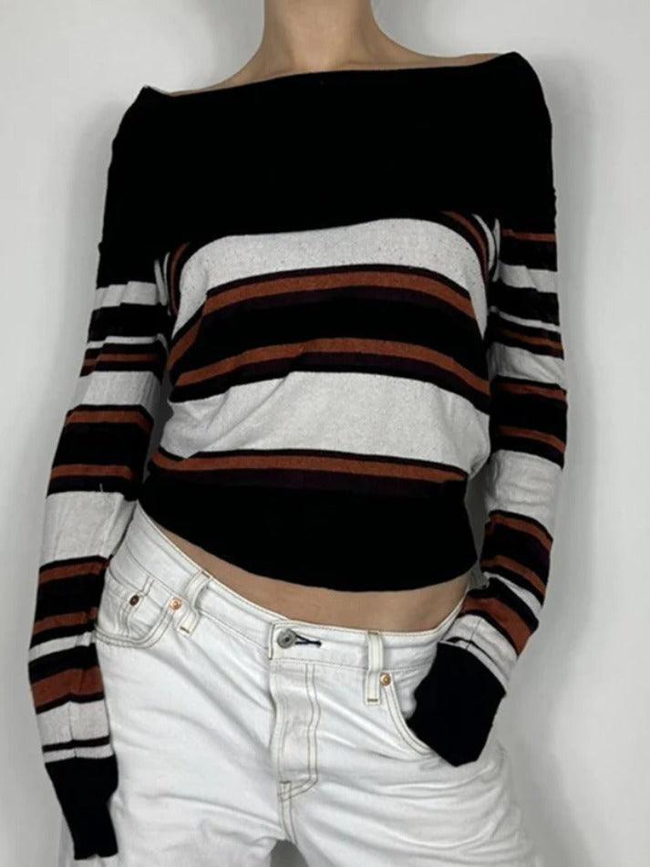 BXOXO - Off Shoulder Striped Print Sweaters