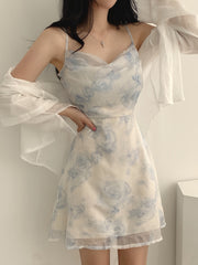 BXOXO [Elegant | Ink Wash] Elegant | A-Line Camisole Dress for Women | Ink Wash Painting Print Mesh Spliced Design, Featuring a Back with Adjustable Hollow Sexy Shoulder Straps