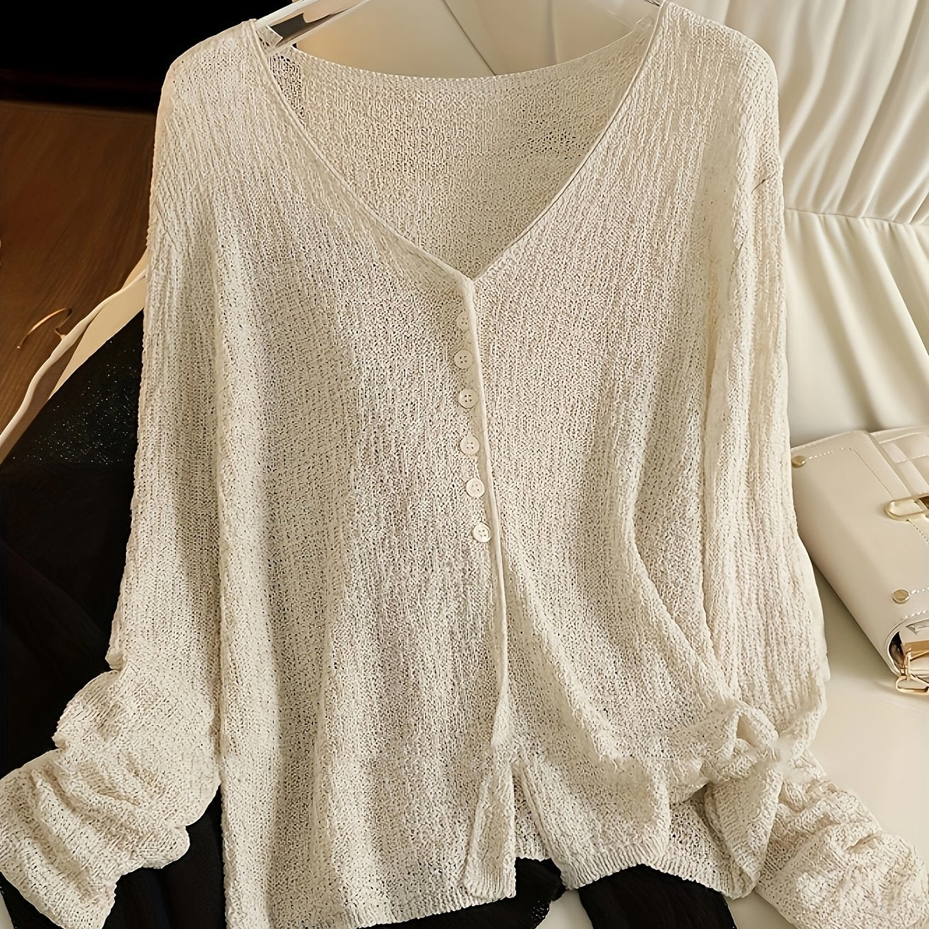 BXOXO Chic Lightweight V-Neck Knit Cardigan - Sheer Summer Shawl with Long Sleeves, Polyester Blend, Perfect for Spring/Summer/Fall, Women’s Casual & Sexy Style, Spring Outerwear | Elegant Open Front | Glossy Knit Fabric