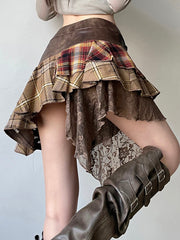 BXOXO - summer inspo American Retro Asymmetrical Women’s Mini Skirts Lace Stripes Plaid Leather Irregular Fashion Chic Design Short Dresses