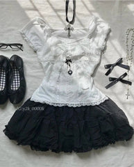 BXOXO Y2k Lace Summer Crop Top T Shirts Women Clothes Vintage White Casual Kawaii Korea Sweet Girl Graphic Tee Baby Aesthetic Tops Emo