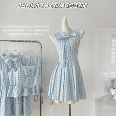BXOXO - summer inspo French Style Blue Checkered Vacation Style Small Flying Sleeve Dress Summer Chic Design Sleeveless Dress