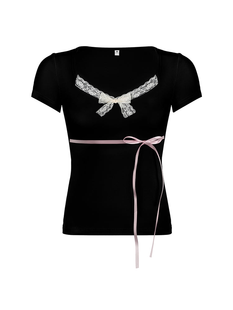 BXOXO - summer inspo Japanese Kawaii Contrast Lace Tie Bow Square Collar Slim Short Sleeve Black T Shirt Women Pink Sweet Balletcore Cute Tees