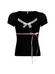 BXOXO - summer inspo Japanese Kawaii Contrast Lace Tie Bow Square Collar Slim Short Sleeve Black T Shirt Women Pink Sweet Balletcore Cute Tees
