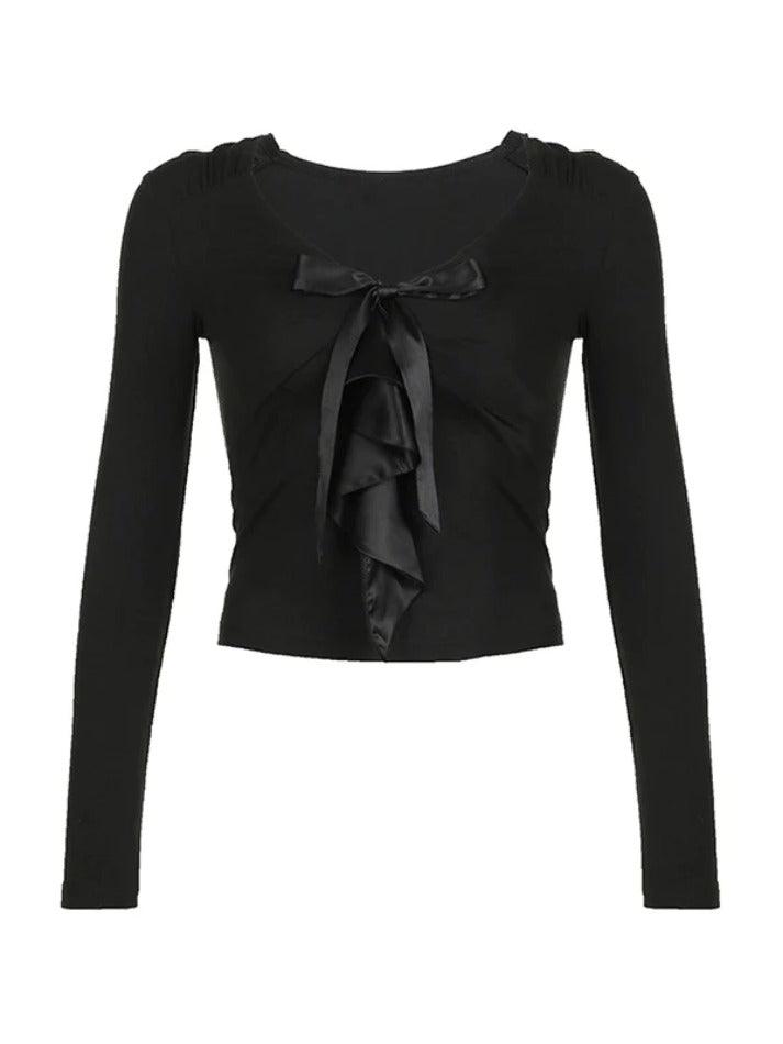 V Neck Tie Up Bow Long Sleeve Tee