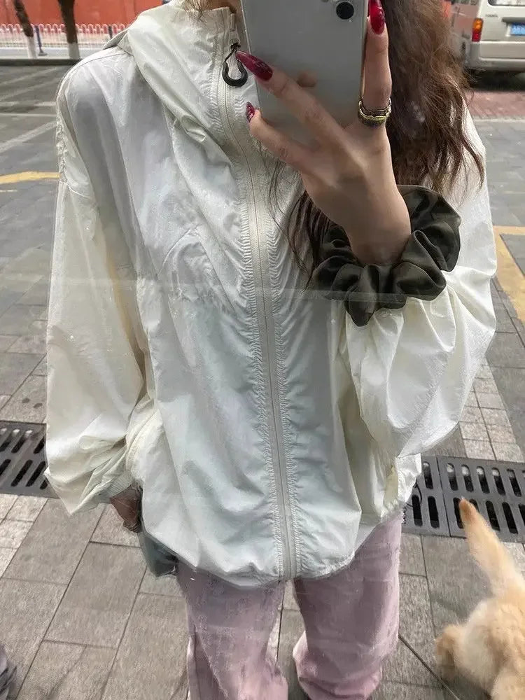 BXOXO Women's Windbreaker Beige Zipper Jackets 2024 Summer Casual Lightweight Transparent Hooded Jackets Loose Korean Fashion