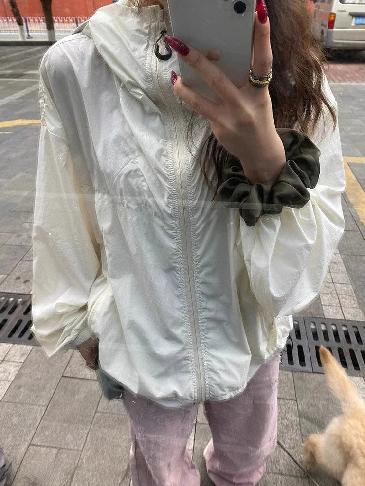 BXOXO Women's Windbreaker Beige Zipper Jackets 2024 Summer Casual Lightweight Transparent Hooded Jackets Loose Korean Fashion