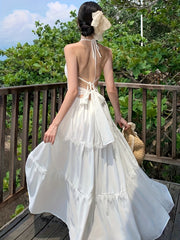 BXOXO Elegant Off-Shoulder Halter Neck Backless Long Dress with Lace Detail - Sleeveless, Tiered Skirt Design for Women, Perfect for Summer Beach Vacations, Beach Vacation Dress | Halter Neck Gown | Lace Detailing