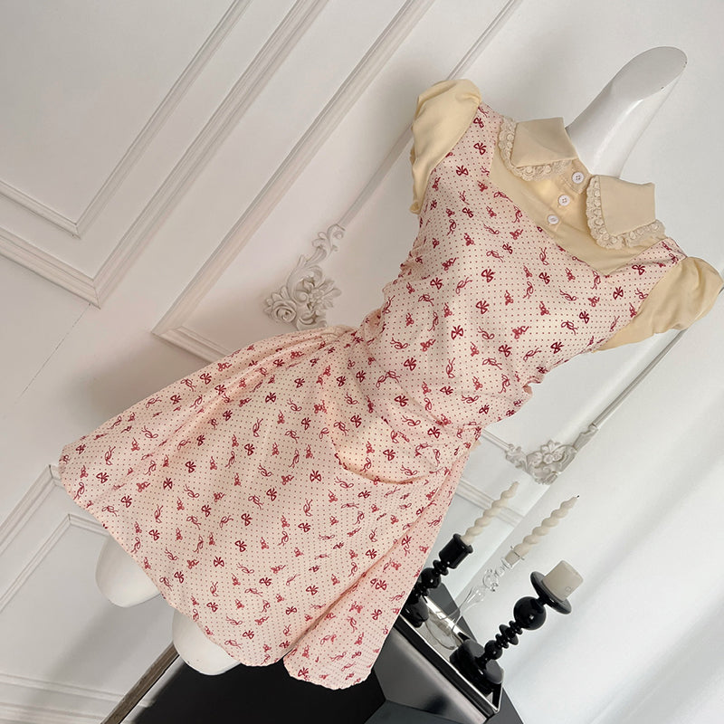 BXOXO - summer inspo Fake Two Pieces of Bow Printed Short Sleeved Dress for Women Summer New Fashion Elegant Slim Fit Mini Dresses