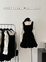 BXOXO - summer inspo Bow Velvet Short Dress+Round Necked Bubble Sleeved Polka Dot Shirt Fashion Two-piece Set Autumn and Winter New