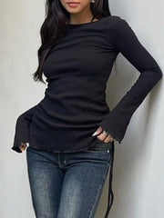 BXOXO - summer inspo Black Solid Ribbed O Neck Slim Long Sleeve Basic Long Sleeve T Shirt Women Side Shirring Lace-Up Chic Fashion Elegant Simple Tee