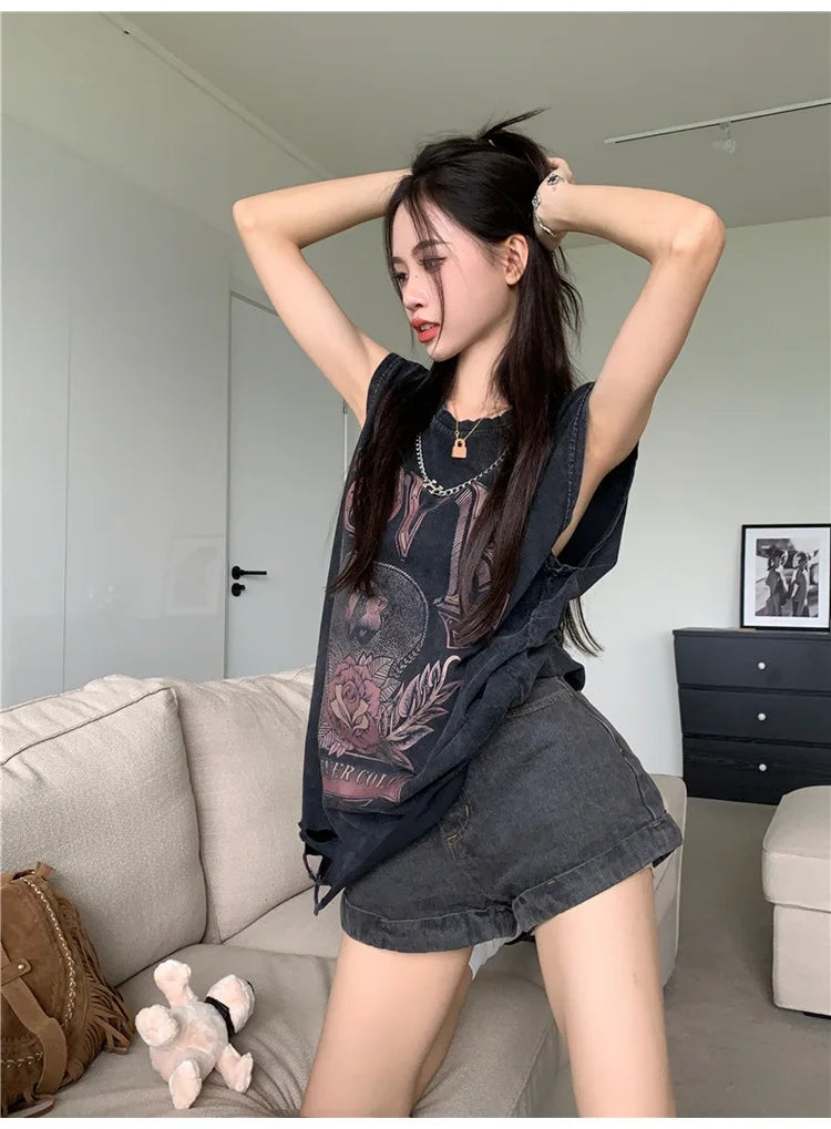 BXOXO Streetwar Y2k Vintage Women T Shirts KPOP Tank Tops Oversized Tees Punk Hip Hop Girl Emo Gaphic Clothes Harajuku Femme Crop Top