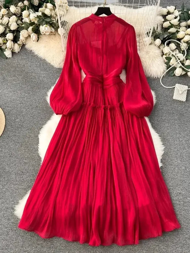 BXOXO French Luxury Folds Wedding Formal Occasion Dress Women Stand Puff Sleeve Chic Pleated Dress Female Shine Robe Clothes Holiday