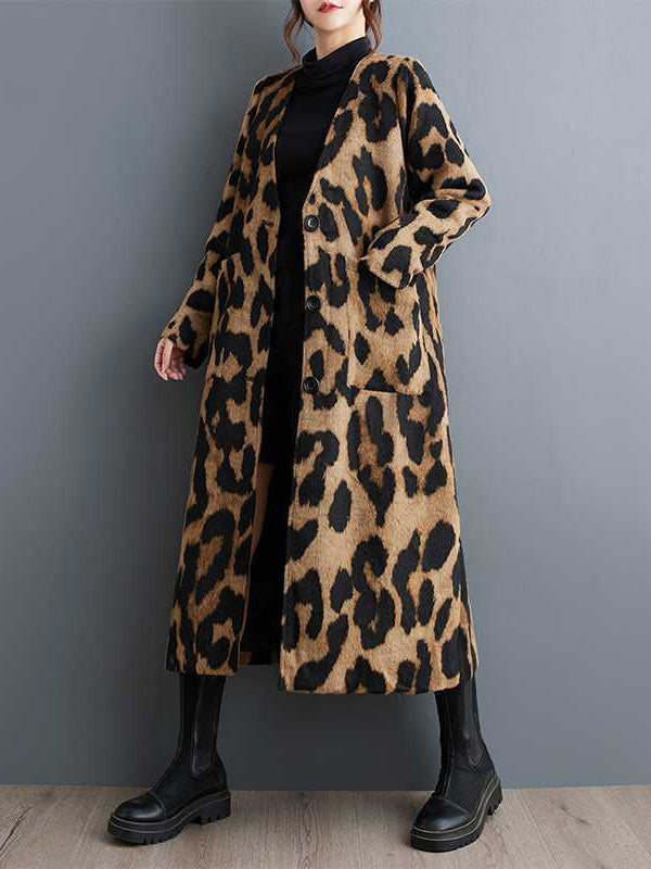 BXOXO Long Sleeves Loose Buttoned Leopard Pockets Split-Joint V-Neck Outerwear Trench Coats