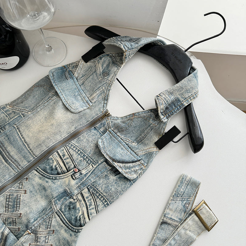 BXOXO - summer inspo Spicy Girl Halter Neck Denim Dress For Women's Summer Retro Streetwear Sleeveless Irregular Short Dress Fashion Female Clothes