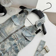 BXOXO - summer inspo Spicy Girl Halter Neck Denim Dress For Women's Summer Retro Streetwear Sleeveless Irregular Short Dress Fashion Female Clothes