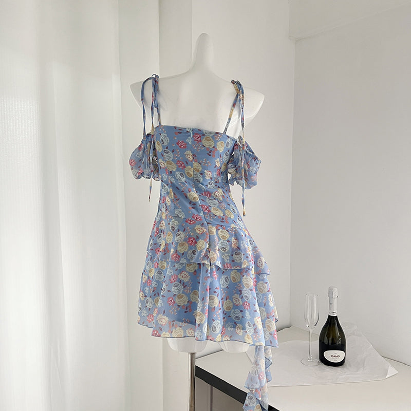 BXOXO - summer inspo Y2k Fairy Dress Women Summer Floral Halter Ribbon Irregular Ruffle Slim Short Dresses French Holiday Sweet Dress Vestidos