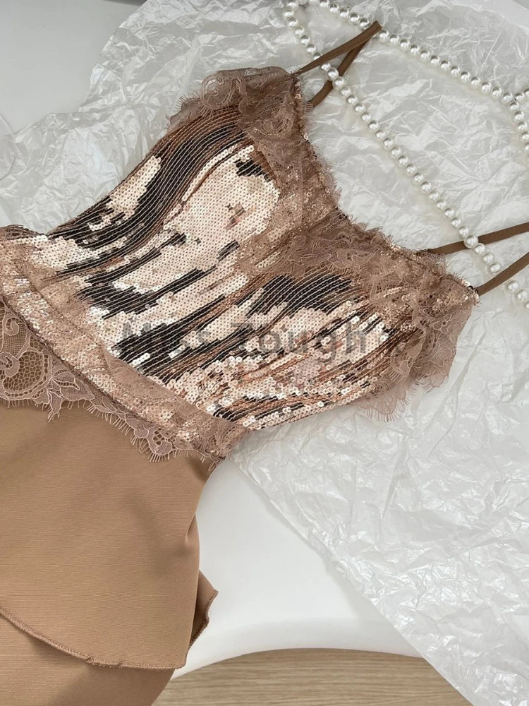 BXOXO Summer France Fashion Strap Irregular Party Dress Women Ruffles Splicing Lace Sequins Slim Mini Dress Sexy Chic Designer Clothes
