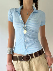BXOXO - summer inspo Sweetown Blue Stripe Short Sleeve Shirts For Women Button Up Turn Down Collar Slim Simple Casual Preppy Tops Basic Summer Tees