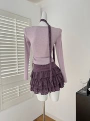 BXOXO Spring Korean Fashion Ballet Suits Women Tie Fake Slim Two Pieces Tops+Elastic Waist Mini Skirts Cute Sweet Casual Clothing New