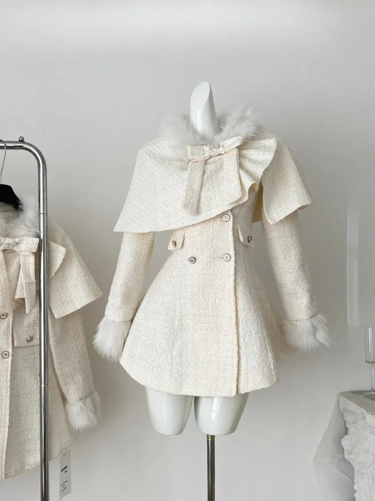 BXOXO Autumn Winter France Slim 2-piece Set Women Sweet Elegant Bow Shawl Cape Female Fashion Chic Long Sleeve Solid Dress Suit New