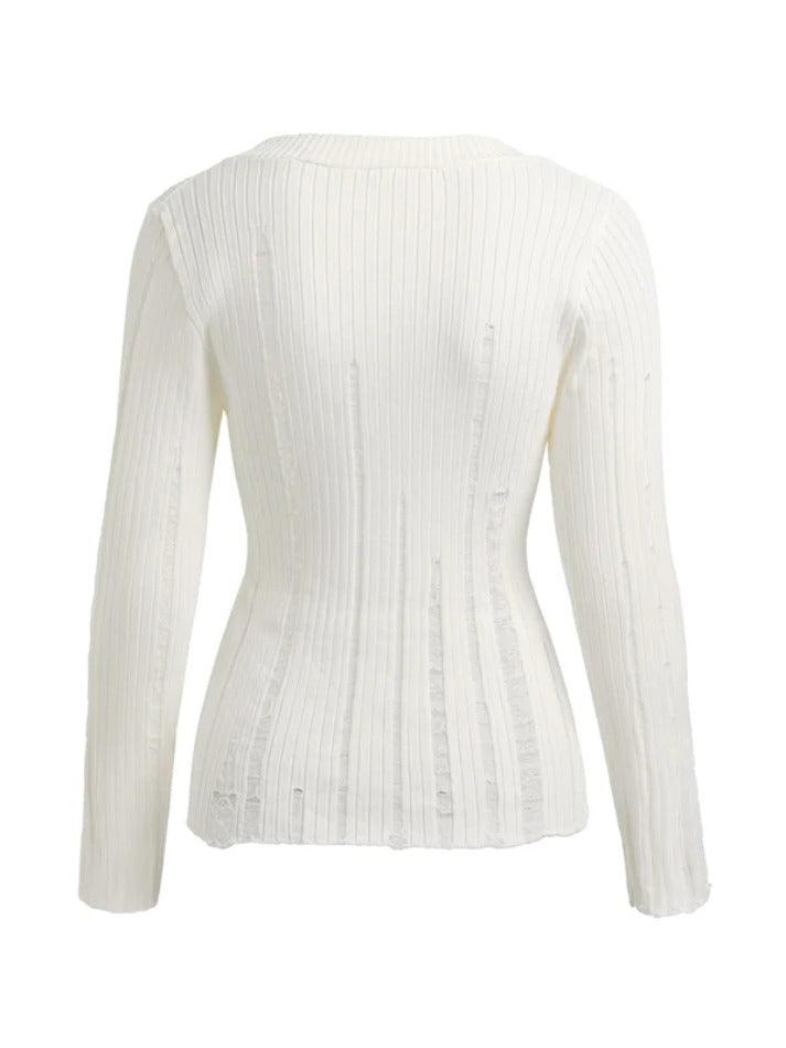 V Neck Tattered Slim Long Sleeve Knit