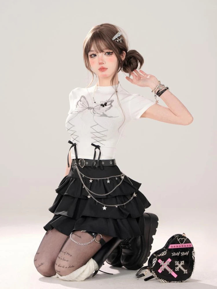 BXOXO Black Gothic Mini Skirts Women Punk Y2k Grunge Short Skirt Korean Harajuku Kawaii 2000s A-line Cake Skirts Aesthetic