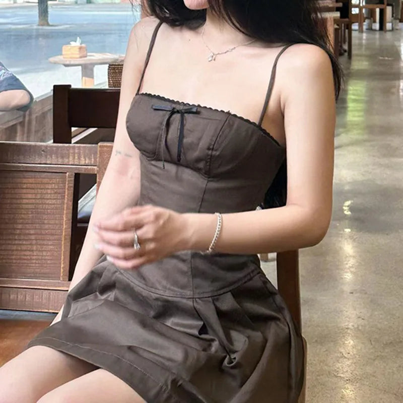BXOXO Dresses Women Y2K Clothing Vintage 2000s Sweet Girl Slim High waist Sling Mini Dress Korea Kawaii Femme Harajuku Aesthetic Dress