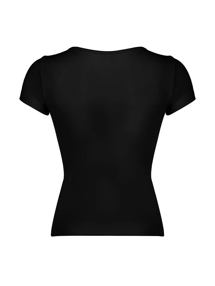 BXOXO - summer inspo Japanese Kawaii Contrast Lace Tie Bow Square Collar Slim Short Sleeve Black T Shirt Women Pink Sweet Balletcore Cute Tees