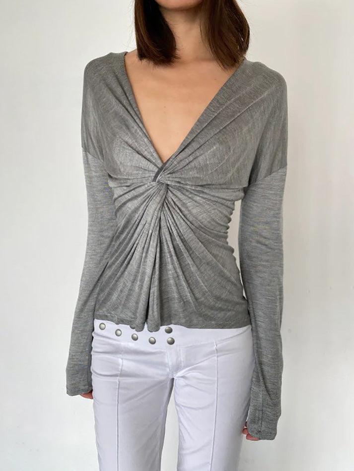 BXOXO - V-Neck Ruched Fitted Long Sleeve Top