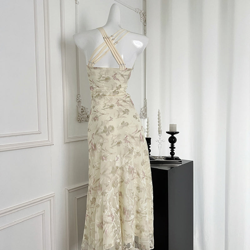 BXOXO - summer inspo Gentle Style Floral Print Backless Halter Dress Woman Elegant Casual Sleeveless Beachwear Sexy Slim Fit Dress 2025 Summer