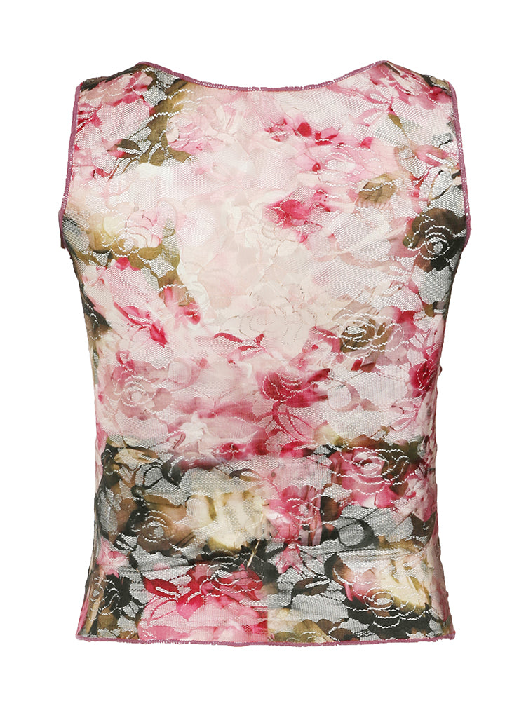 BXOXO - summer inspo Sweetown French Romantic Colorful Floral Print Lace Vest Sleeveless V Neck Slim Elegant Sexy Summer Vacation Boho Tank Top Women