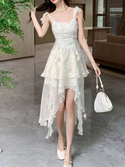BXOXO [Polyester Off-Shoulder Dress] Sleeveless Polyester Elegant French Floral Jacquard Off-Shoulder Dress - Chic Asymmetrical Ruffle Hem, Casual Elegance, Machine Washable for Spring/Summer
