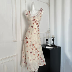 BXOXO - summer inspo French Vintage Butterfly Print Dress Women's Temperament Elegant Seaside Holiday Fairy Sling Dresses 2025 Summer