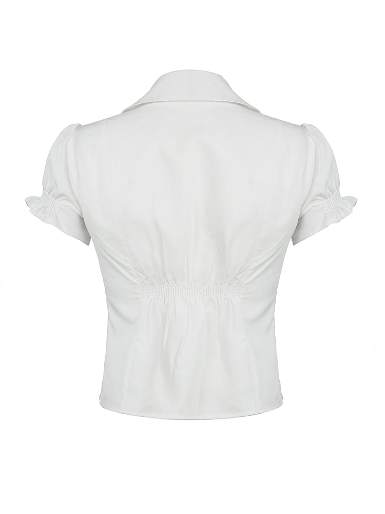 BXOXO - summer inspo Sweetown Single Breasted Puff Sleeve White Shirts For Women Button Turn Down Collar Pockets Simple Casual Safari Style Tops