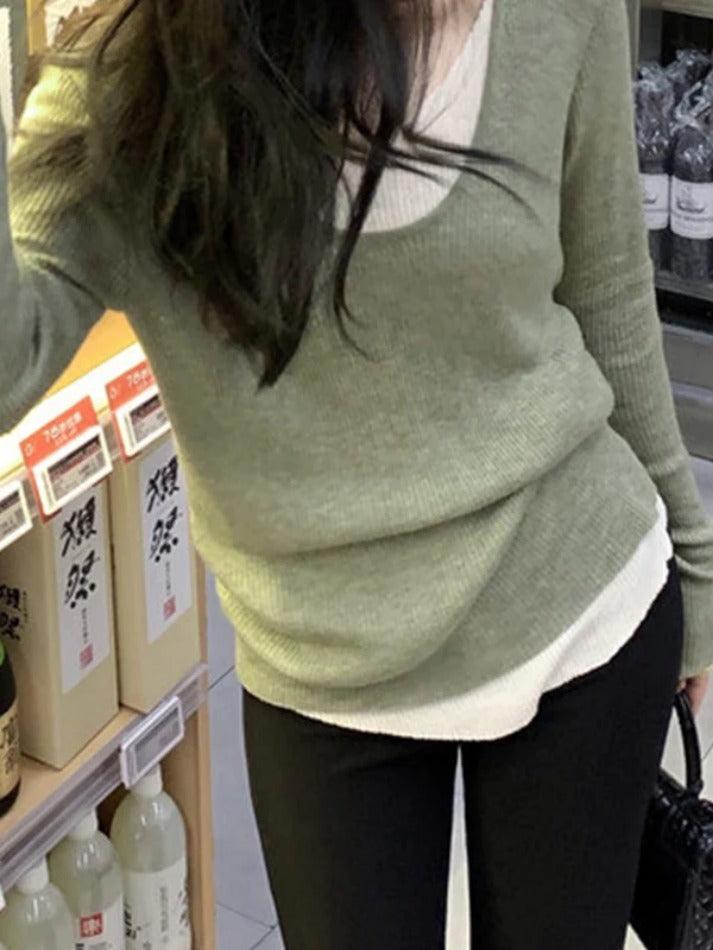 V Neck Fake Two Piece Splice Long Sleeve Knit