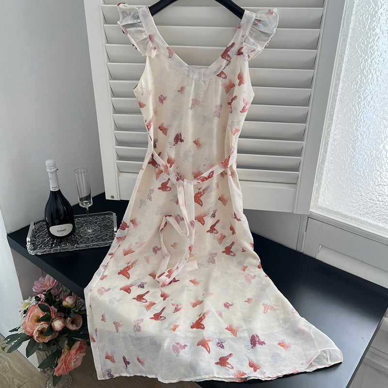 BXOXO - summer inspo French Vintage Butterfly Print Dress Women's Temperament Elegant Seaside Holiday Fairy Sling Dresses 2025 Summer