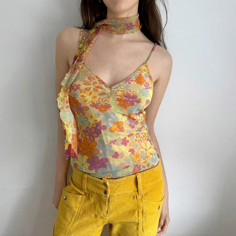 BXOXO Camis Y2k Sweet Girl 90s Vintage Clothes Sling Flower Summer Slim Mesh Women Korea Harajuku Femme Crop Top Grunge Tank Clothing