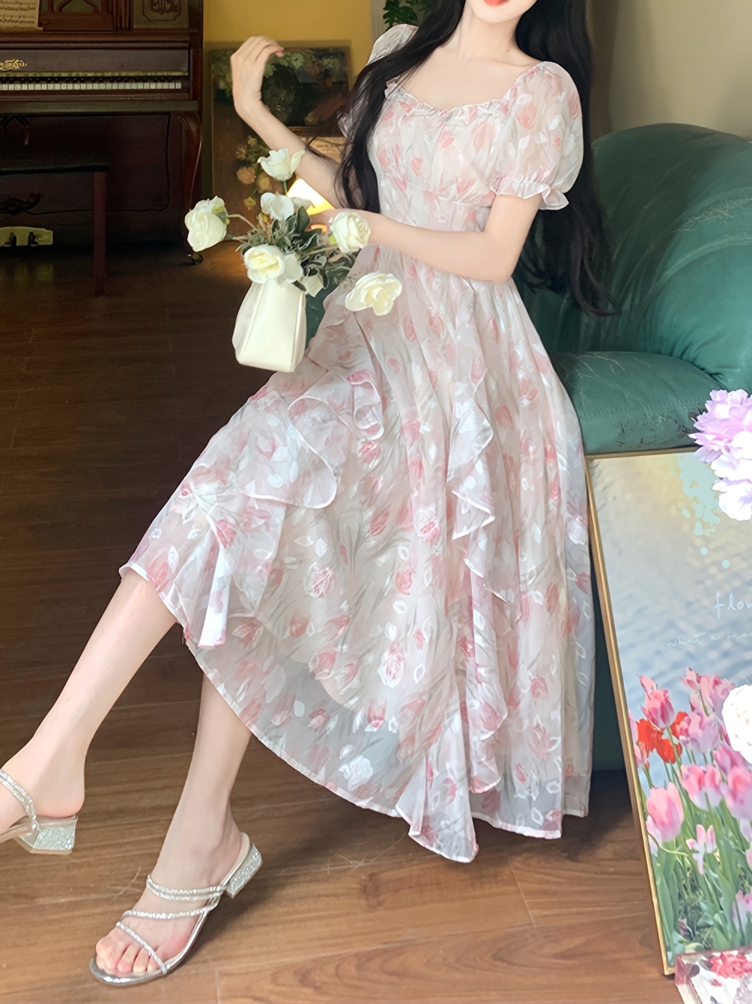 BXOXO Polyester Casual Square Neck Puff Sleeve Short Floral Midi Trapeze Fit and Flare Shirred A-Line Dress, No Belt, No Padding, H Contour, Regular Fit, Woven, 100% Polyester Lining, 90g/㎡ Fabric Weight, 56g/㎡ Lining Wei