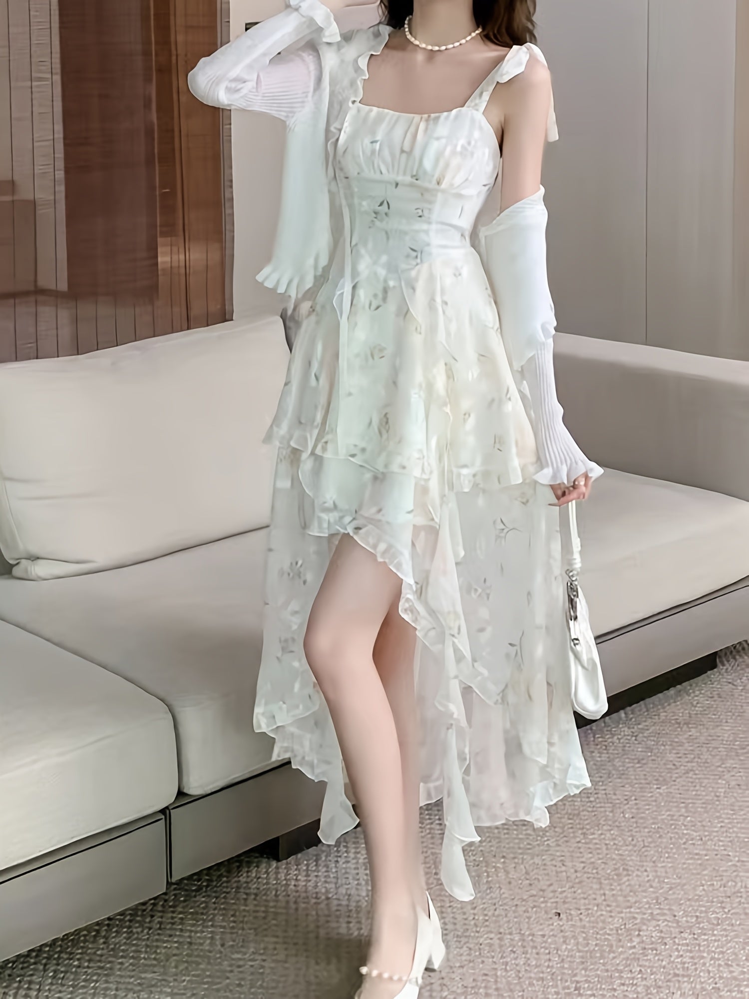 BXOXO [Polyester Off-Shoulder Dress] Sleeveless Polyester Elegant French Floral Jacquard Off-Shoulder Dress - Chic Asymmetrical Ruffle Hem, Casual Elegance, Machine Washable for Spring/Summer