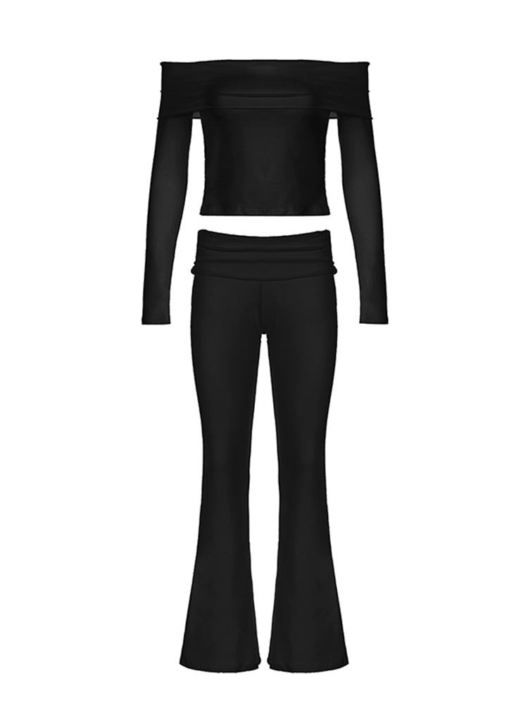 BXOXO - summer inspo Women Solid Skinny Ruched Off Shoulder Long Sleeve Tee Shirt And Flared Pants 2 Pieces Sets