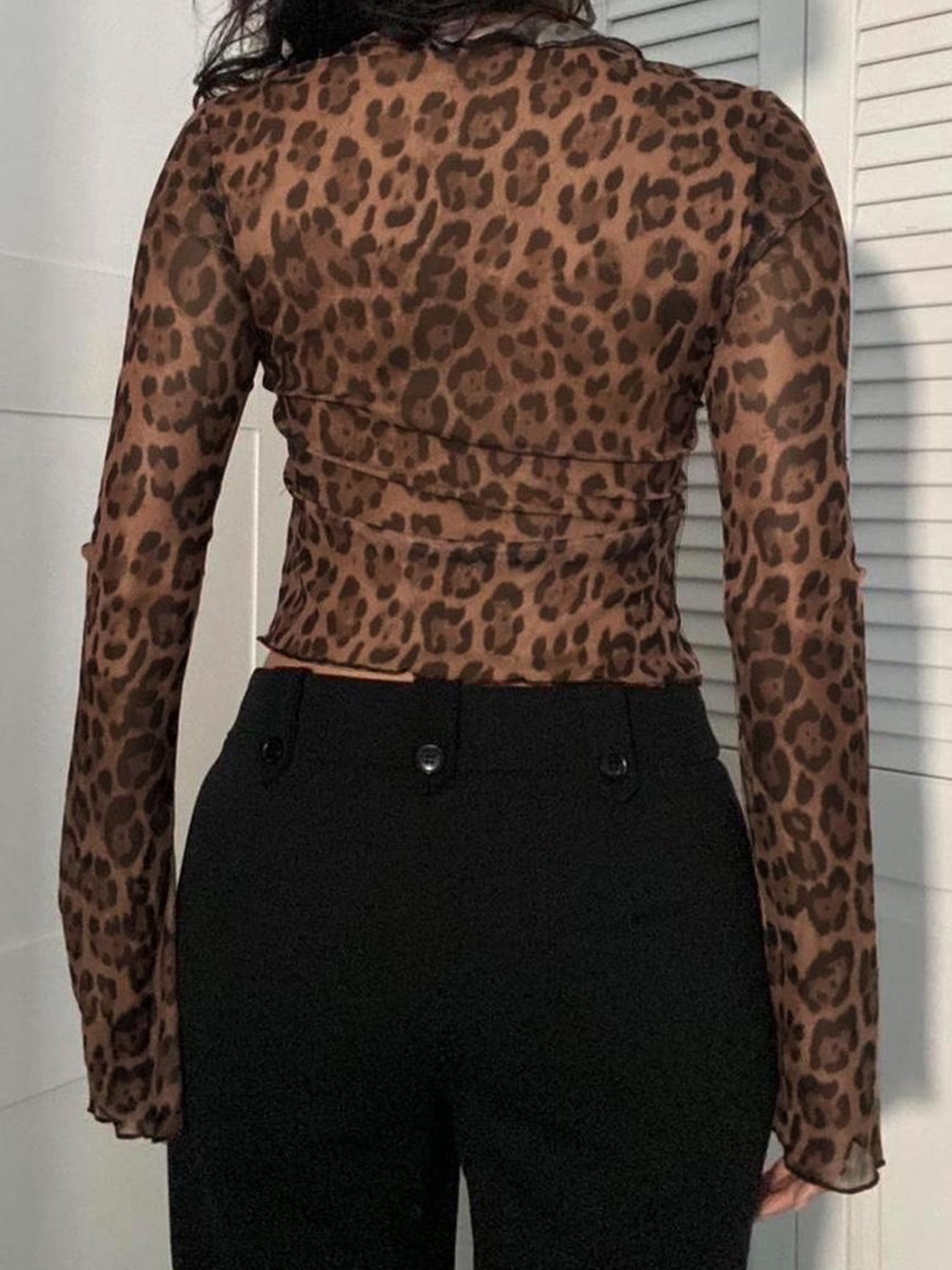 BXOXO - summer inspo Leopard Print Lace-Up Blouse Shirts Women Semi-Sheer Mesh Elegant Fashion Sexy Flared Sleeve Ruffled Cardigan Tops