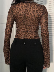 BXOXO - summer inspo Leopard Print Lace-Up Blouse Shirts Women Semi-Sheer Mesh Elegant Fashion Sexy Flared Sleeve Ruffled Cardigan Tops