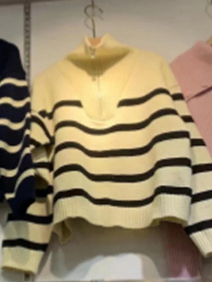 Stripe Splice Lapel Neck Half Zip Sweater