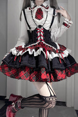 BXOXO Red/White/Black Multi-layer Ruffle Opera Rock Girl Gothic Lolita Strap Dress Set