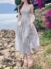 BXOXO [French Style] Cherry Blossom Pink Tie-Dye Suspender Dress - French Style, Gradient Dyeing, Floral Irregular Hem - Women's Summer Vacation Long Dress