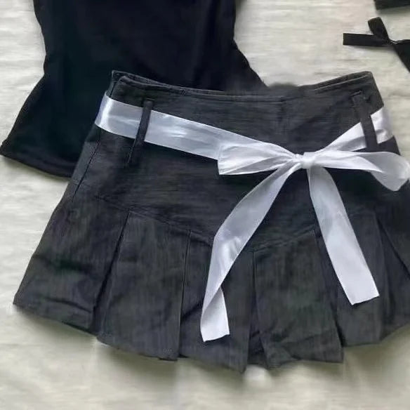 BXOXO 2000s FemmeKawaii High waist Pleated skirt Y2k Punk Sexy Slim Streetwear Bow Mini Skirts Emo Girl Gothic Women Vintage Clothes