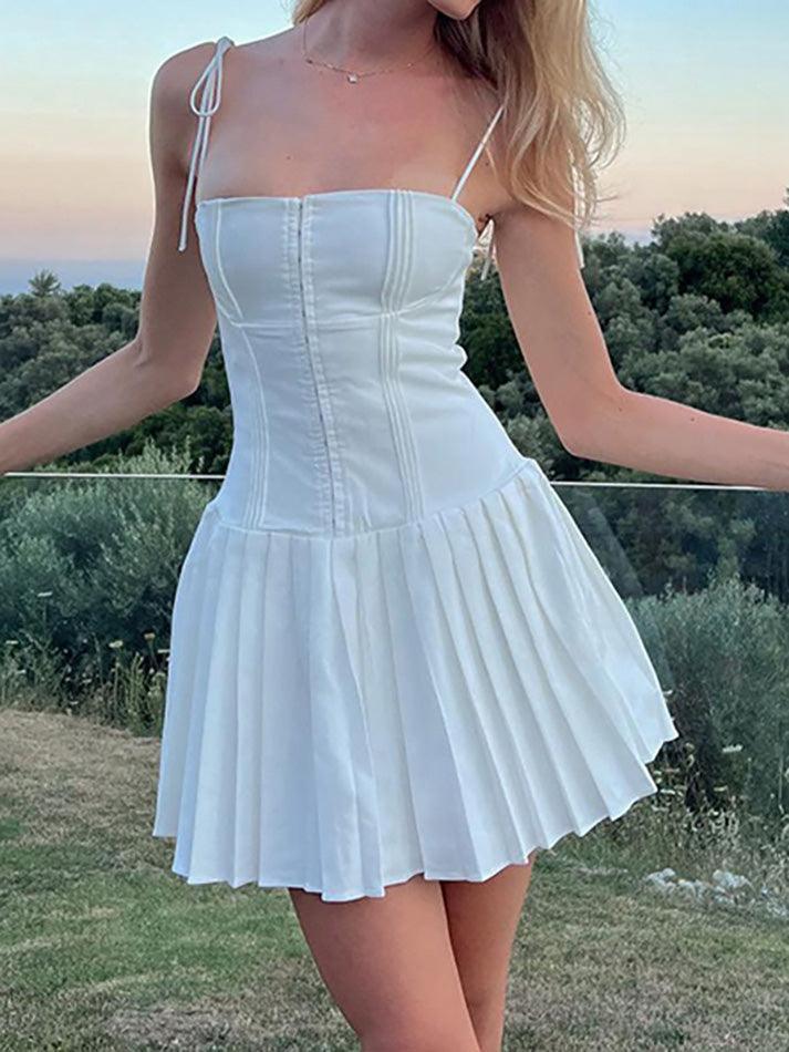 BXOXO - Spaghetti Strap Plain Pintuck Mini A-Line Dress
