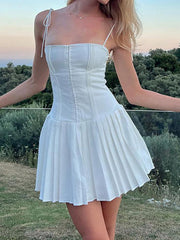BXOXO - Spaghetti Strap Plain Pintuck Mini A-Line Dress