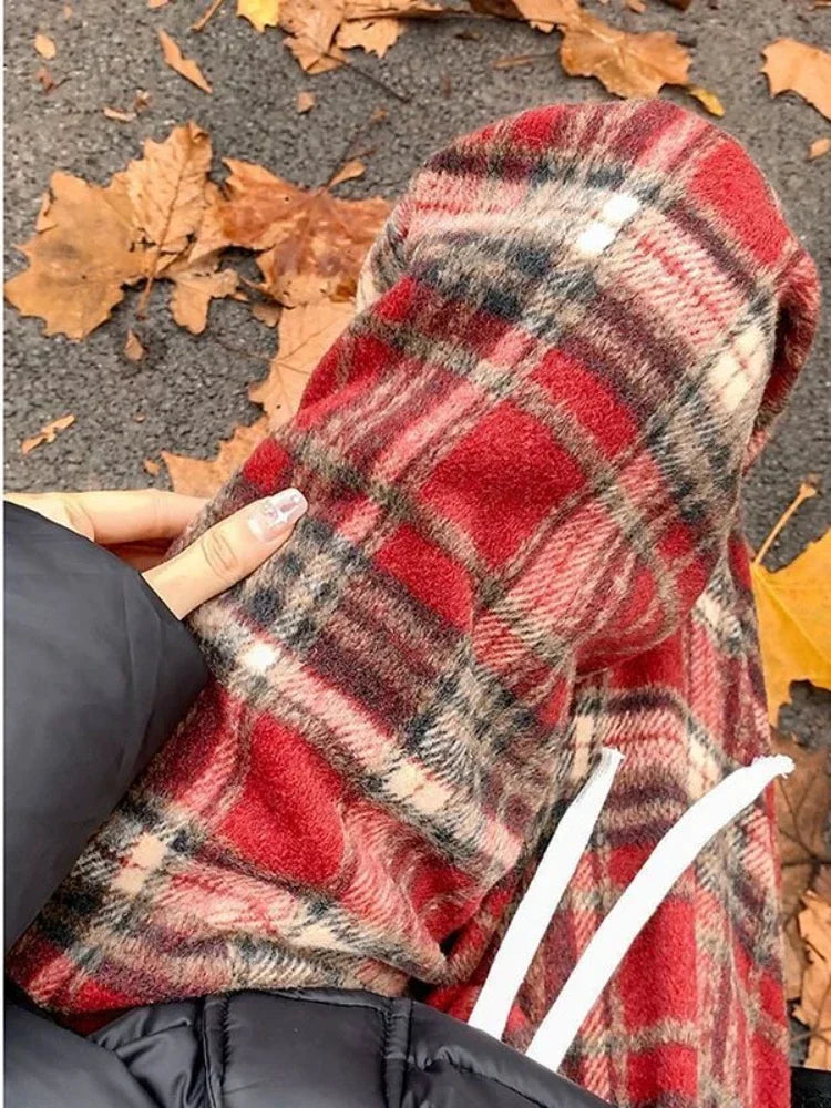 BXOXO Vintage Red Plaid Pants Women  Harajuku Korean Style Checked Trousers Y2k Streetwear Classic Pants Warm Winter Wide Leg